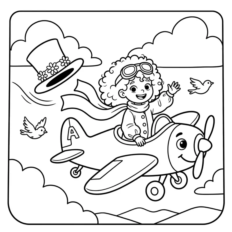 Coloring page: Tilly in flying goggles pilots a smiling airplane through the clouds. A letter A is on the plane's tail.
