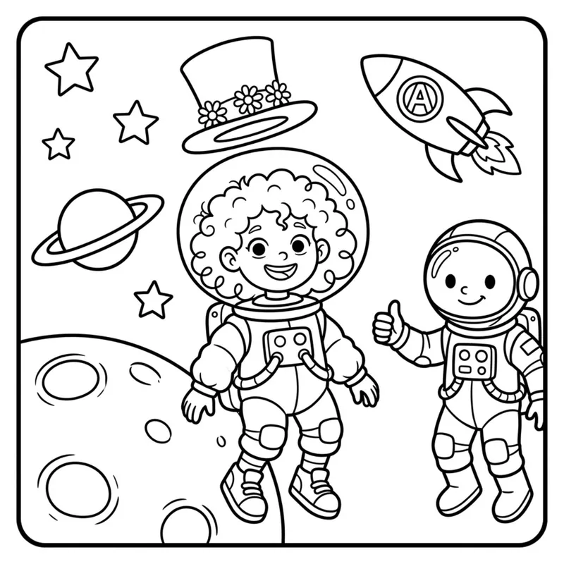 Coloring page: Tilly in a space suit floats on the moon next to a friendly astronaut. A letter A is on the rocket.