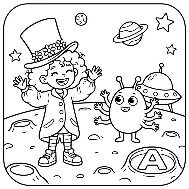 Coloring page: Tilly laughs with a happy little alien on the moon beside its flying saucer. A letter A is in a moon crater.