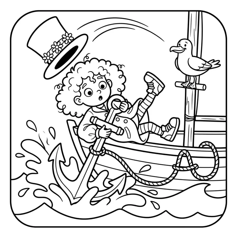 Coloring page: Tilly tumbles off a boat hugging a big anchor while a seagull watches from the mast.