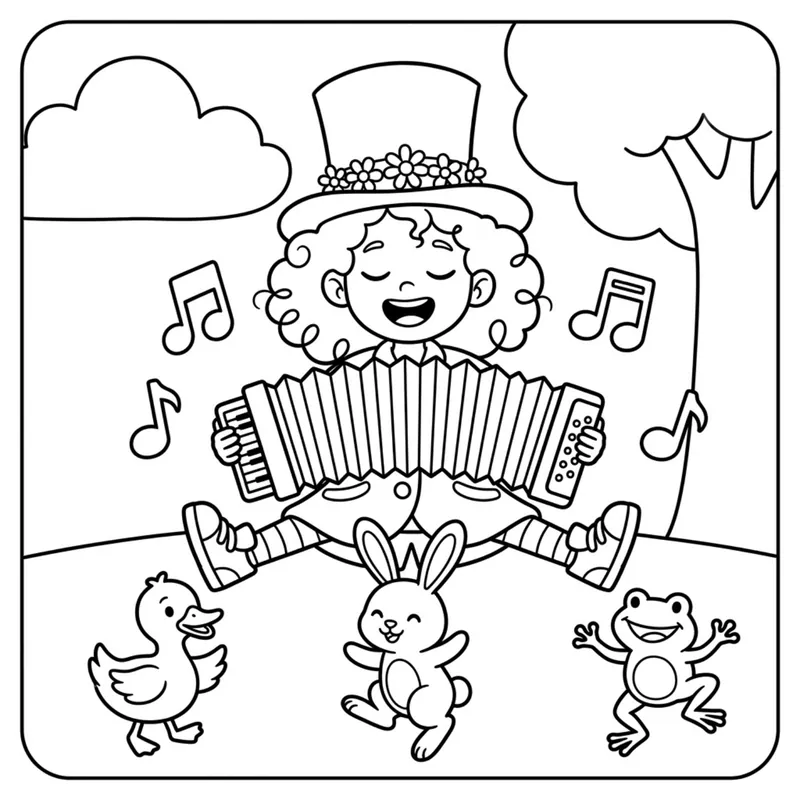 Coloring page: Tilly plays an accordion while a duck, a bunny and a frog dance to the music.