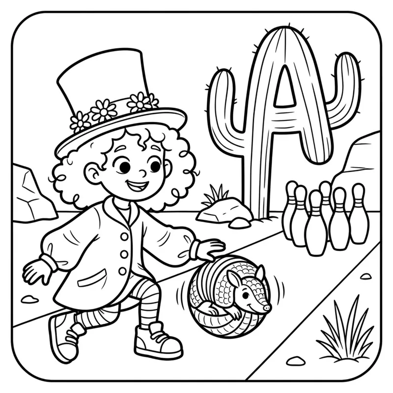 Coloring page: Tilly bowls with a rolled-up armadillo in the desert. A cactus is shaped like a letter A.