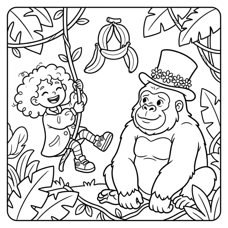 Coloring page: Tilly swings on a jungle vine while a friendly ape wears her top hat under a bunch of bananas.