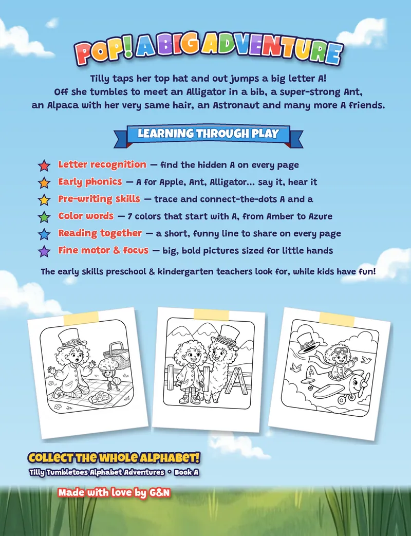Back cover of A is for Adventure! with the blurb 'Pop! A big adventure', the six learning skills and three sample coloring pages: Tilly with an ant at a picnic, Tilly with an alpaca, and Tilly flying an airplane.