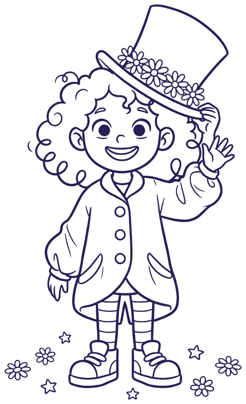 Line drawing of Tilly waving and tipping her daisy top hat.